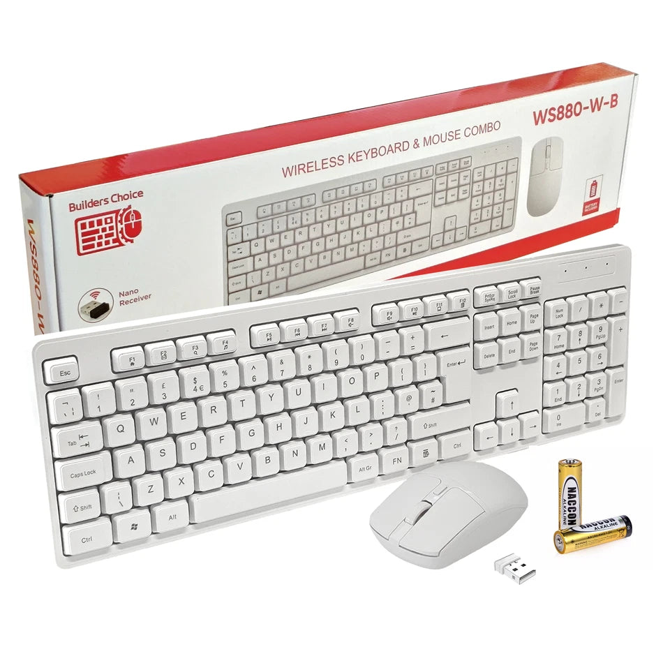 Builders Choice WS880-W-B Wireless Keyboard mouse in White combo